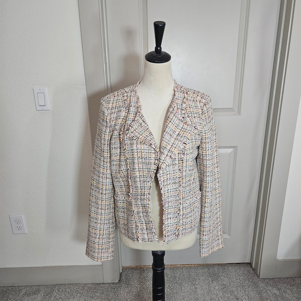 LOFT Womens Multicolor Tweed Open Front Fringe Blazer Jacket Size 8 NWT NEW‎